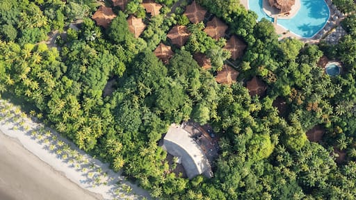 Oversigtsbillede af et resort med flere huse i bungalowstil omgivet af frodig tropisk vegetation, en stor swimmingpool og en strand.