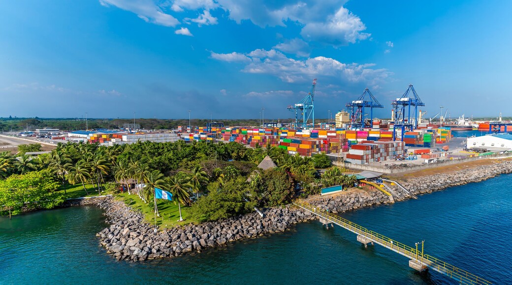 An aerial view overlooking the container port at Puerto Quetzal in Guatemala in early springtime