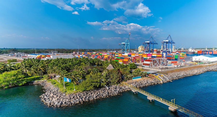 An aerial view overlooking the container port at Puerto Quetzal in Guatemala in early springtime