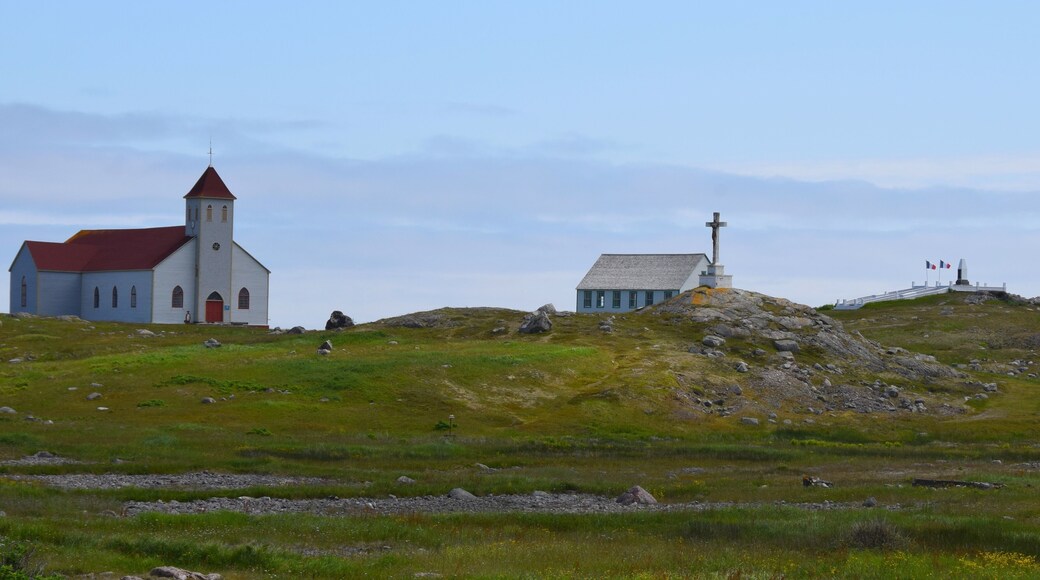 white church with red roof on Ile aux Marin, Saint Pierre and Miquelon