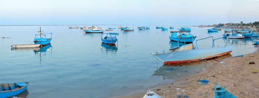 Marina Safaga. Egypt. Fishing boats in the evening. Panorama.