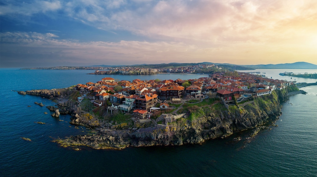 Panorama view from a height of the city of Nessebar with houses and parks washed by the Black Sea in Bulgaria