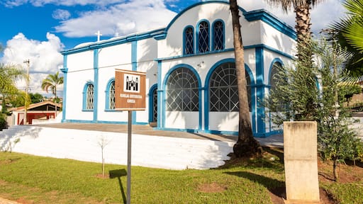 Facade and garden of the Greek Orthodox Church Panaghya Tsambika in the city of Lins, state of Sao Paulo