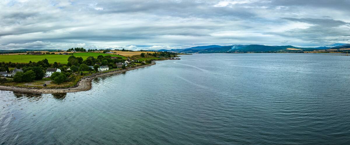 Aerial view of the black island and Cromarty firth in the north east highlands of Scotland during autumn