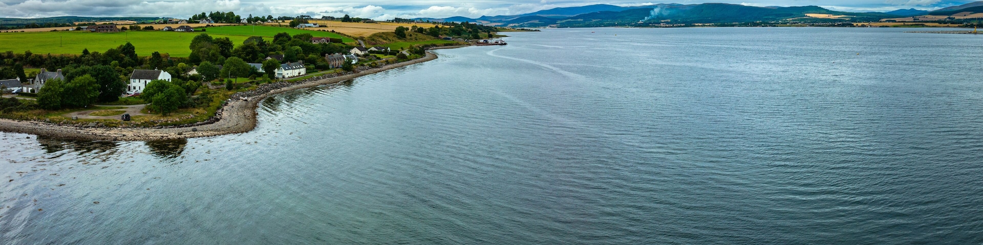 Aerial view of the black island and Cromarty firth in the north east highlands of Scotland during autumn