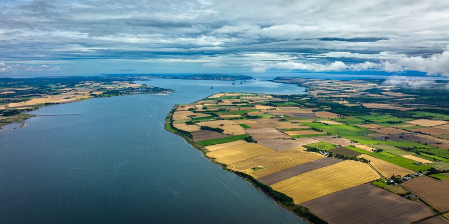 Aerial view of the black island and Cromarty firth in the north east highlands of Scotland during autumn