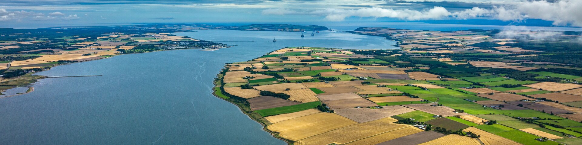 Aerial view of the black island and Cromarty firth in the north east highlands of Scotland during autumn