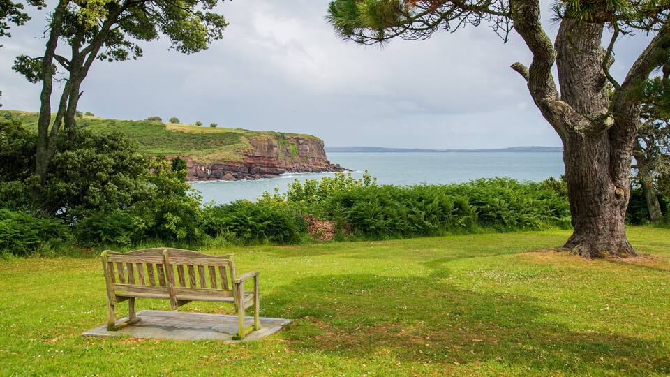 A bench overlooking a coastal landscape with cliffs and a body of water.