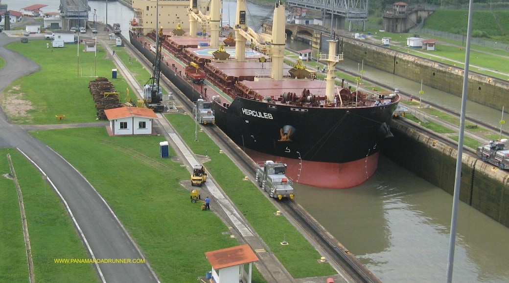 This ship is just entering the first lock of Miraflores Locks. The ships wait in the bay near Amador Causeway until a Panamanian captain is taken out to them. Only Panamanian captains may steer a ship through the canal. www.panamaroadrunner.com
