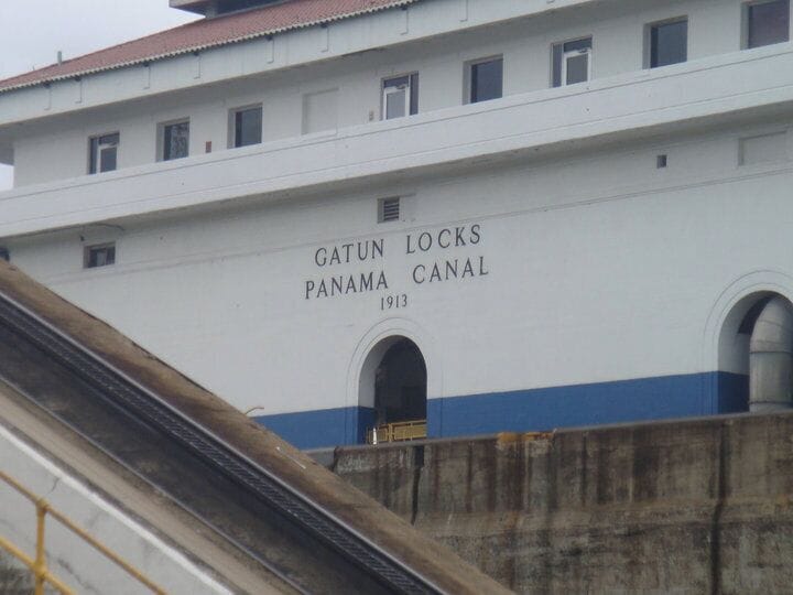 This is the Gatun Locks of the Panama Canal. This is one of the greatest man-made wonders in the world. It is very interesting to see the exhibit and watch how the locks work, and watch the ships pass through. There can be as many as 75 ships waiting to go through the Canal!