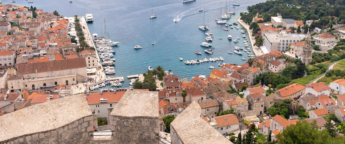 This is the amazing view from the Hvar Fortress on Hvar Island. There's two ways of getting here..
1. Is by car all the way to the top of the island and there's parking.
2. Is by walking from the town up quite a few steps. Takes about 20 minutes walk.
There's an entry fee to the fortress for about 40 kuna. Well worth it for this view.