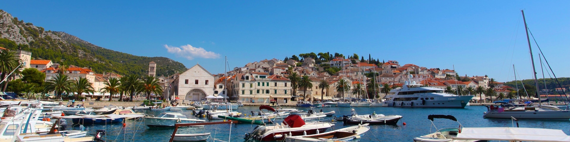 A marina with various boats, a coastal town with historic buildings, and a clear blue sky.