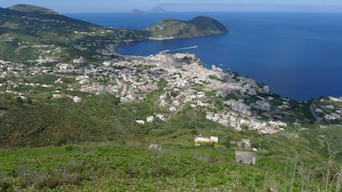 A coastal town with a harbor, surrounded by hills and mountains.