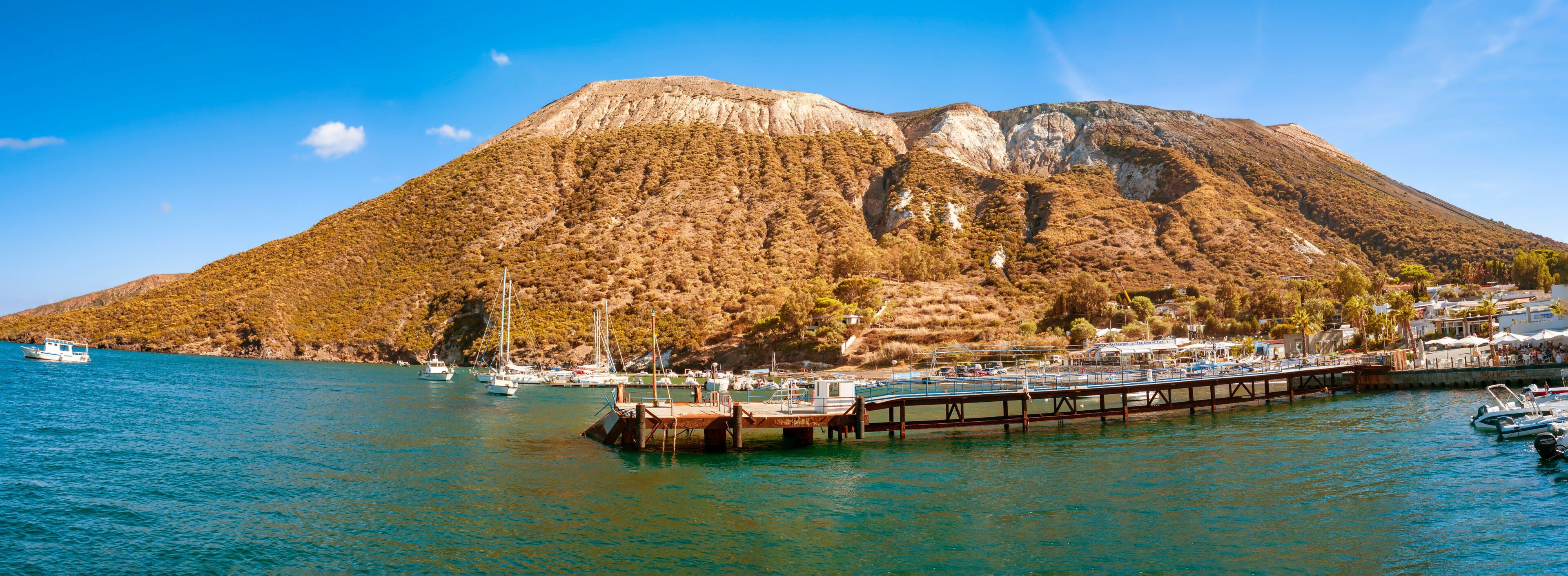 View of the coastline of the Lipari Island, small volcanic islands located in the Mediterranean Sea (part of Aeolian Archipelago), between the shores of Sicily and Calabria Regions (Southern Italy).