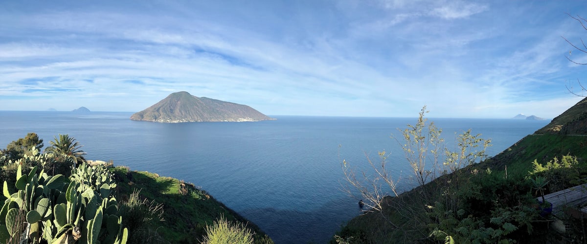 A coastal landscape with a prominent mountain, cacti, and a clear view of the sea.