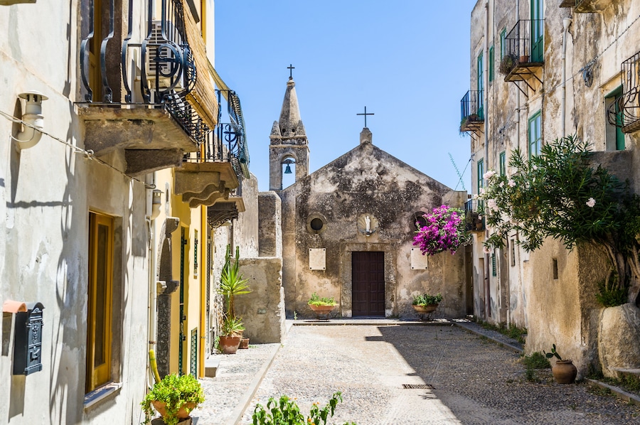 Lipari authentic old town church. Italy touristic places.