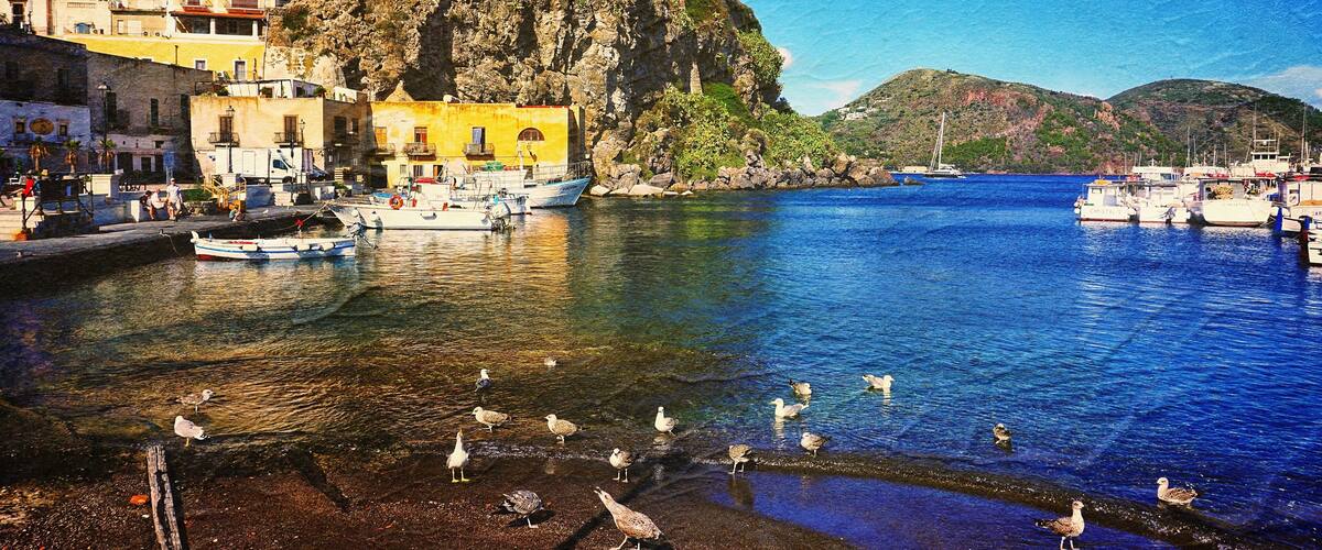 A coastal town with historic buildings, a rocky cliff, and a marina with boats.