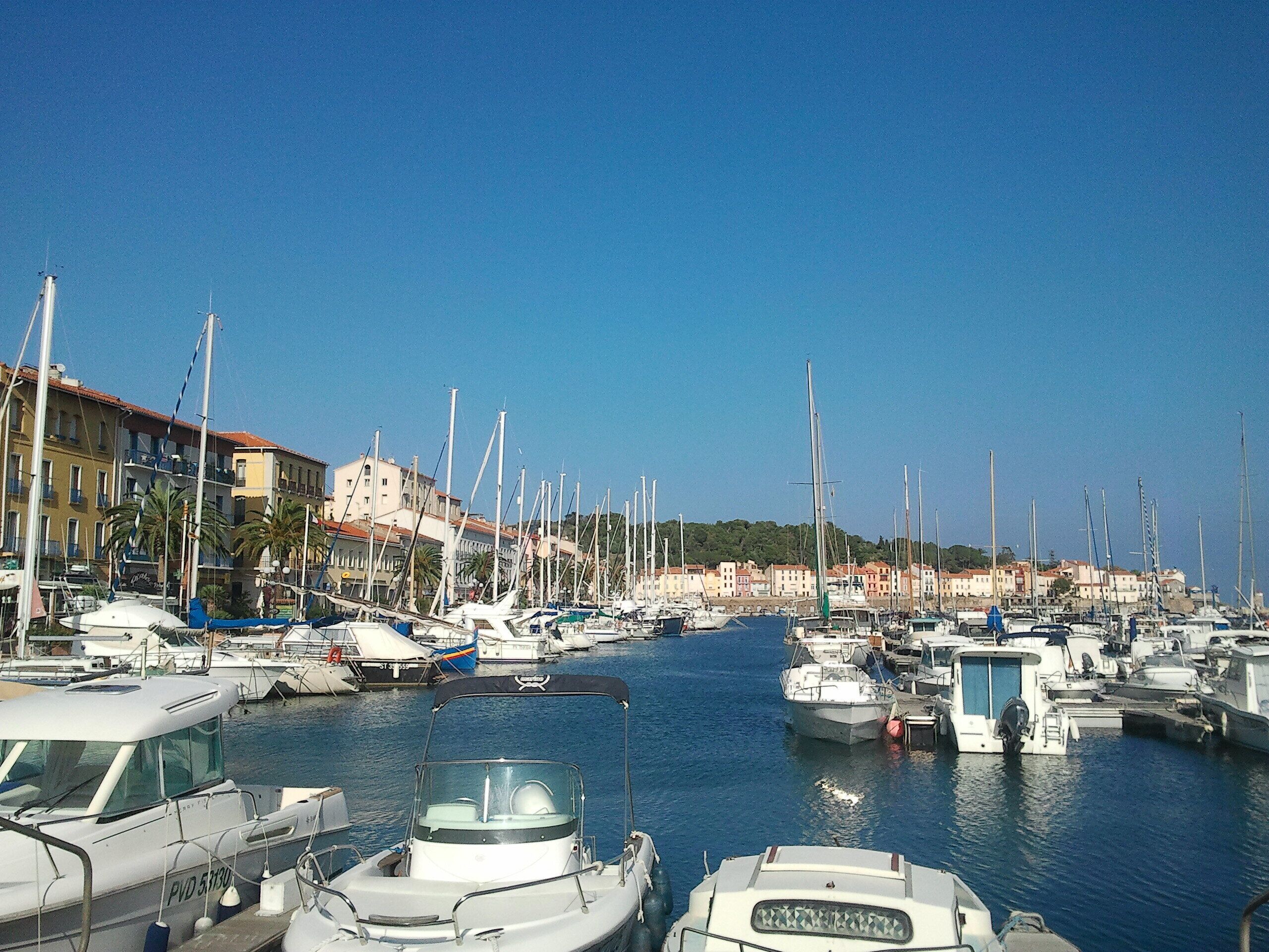 A marina with numerous boats docked, surrounded by buildings and a clear blue sky.