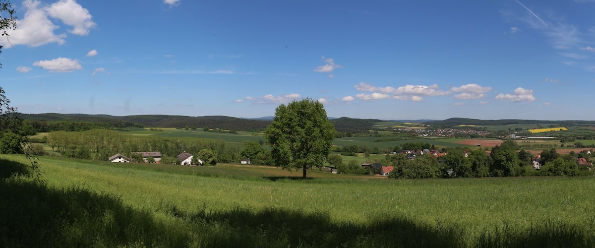 A rural landscape with rolling hills, a prominent tree, and scattered houses.