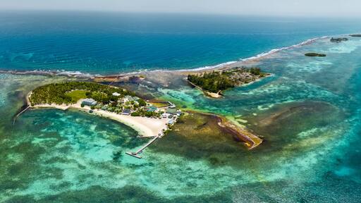 Eine Vogelperspektive einer tropischen Insel mit klarem türkisblauem Wasser, einem Sandstrand und einem kleinen Steg.