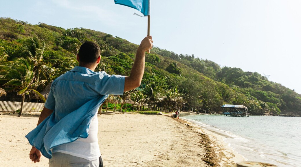 A person holding and waving honduras flag in a beach. Patriotism concept.