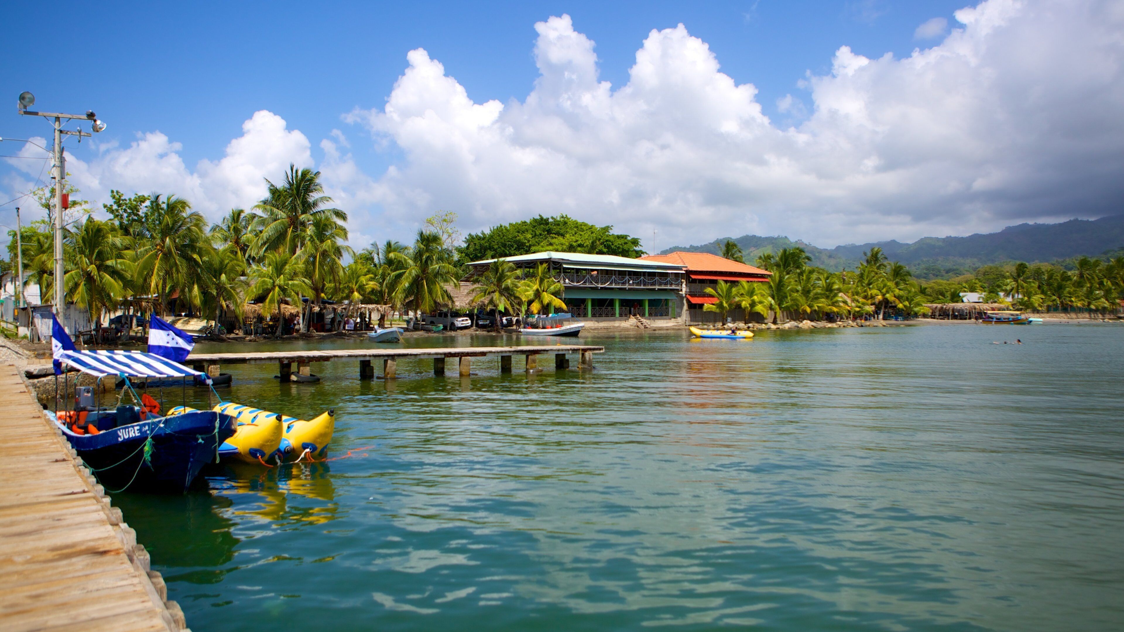 A tropical waterfront with a wooden dock, a building with a red roof, and several boats.