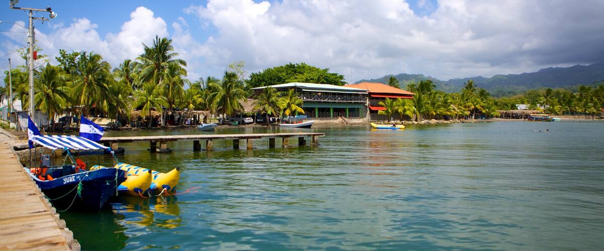 A tropical waterfront with a wooden dock, a building with a red roof, and several boats.