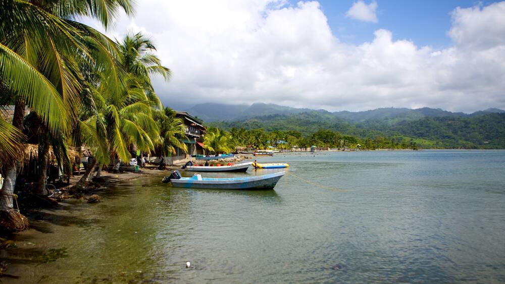 Un lac paisible, avec des bateaux, des palmiers et une chaîne de montagnes en arrière-plan.