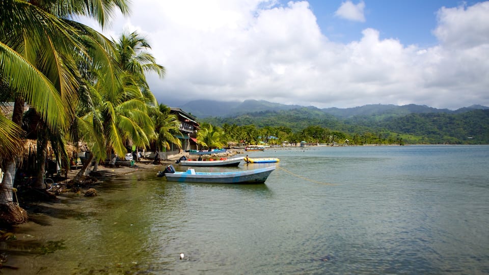 A calm lake with boats, palm trees, and a mountainous backdrop.
