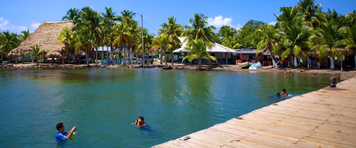 A tropical beach with clear blue water, palm trees, and wooden structures.