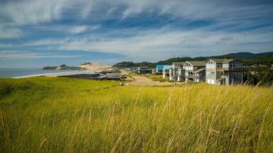 A coastal residential area with houses, a beach, and dunes.