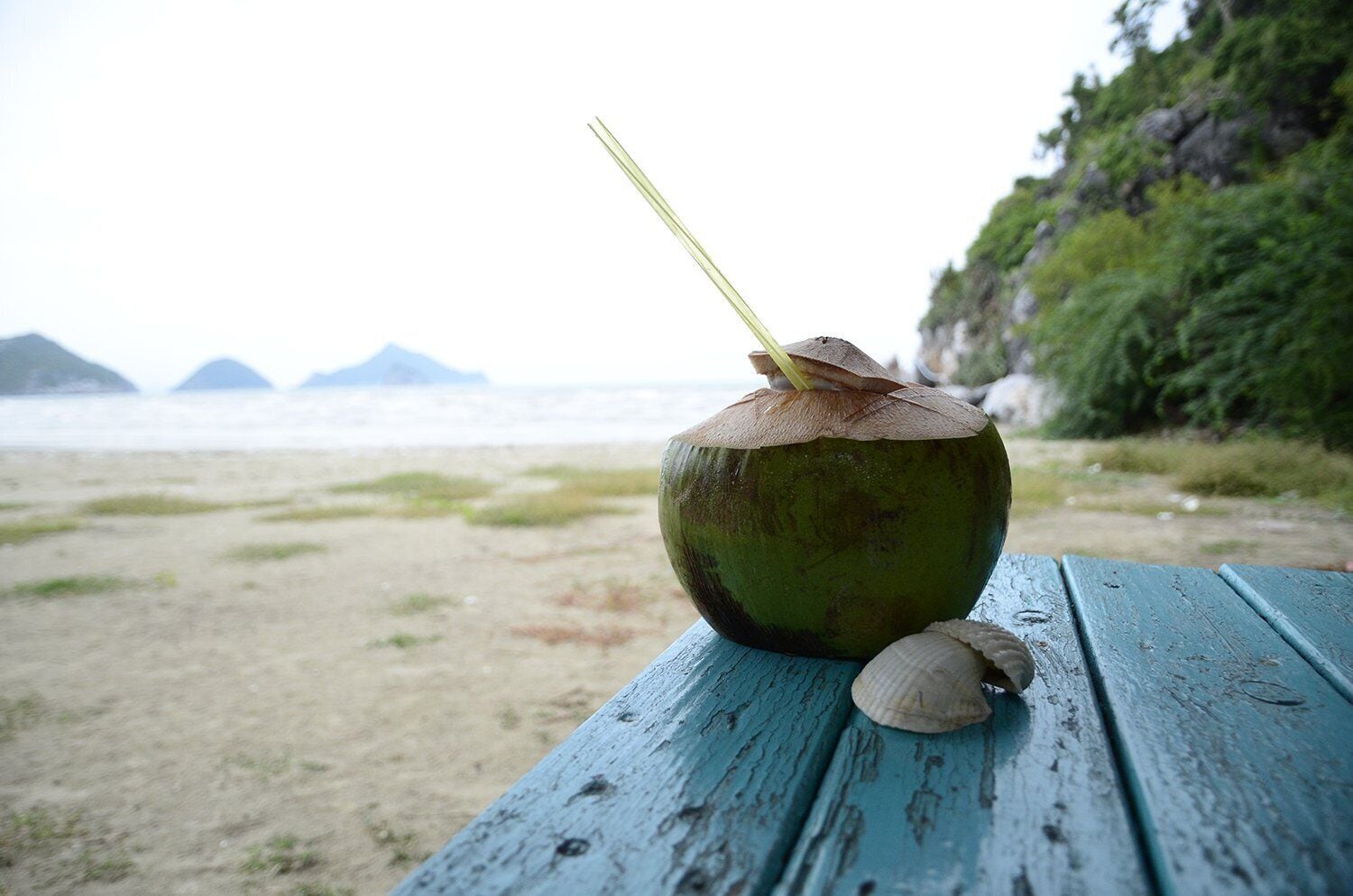 Um coco com canudo sobre uma mesa de madeira à beira-mar.