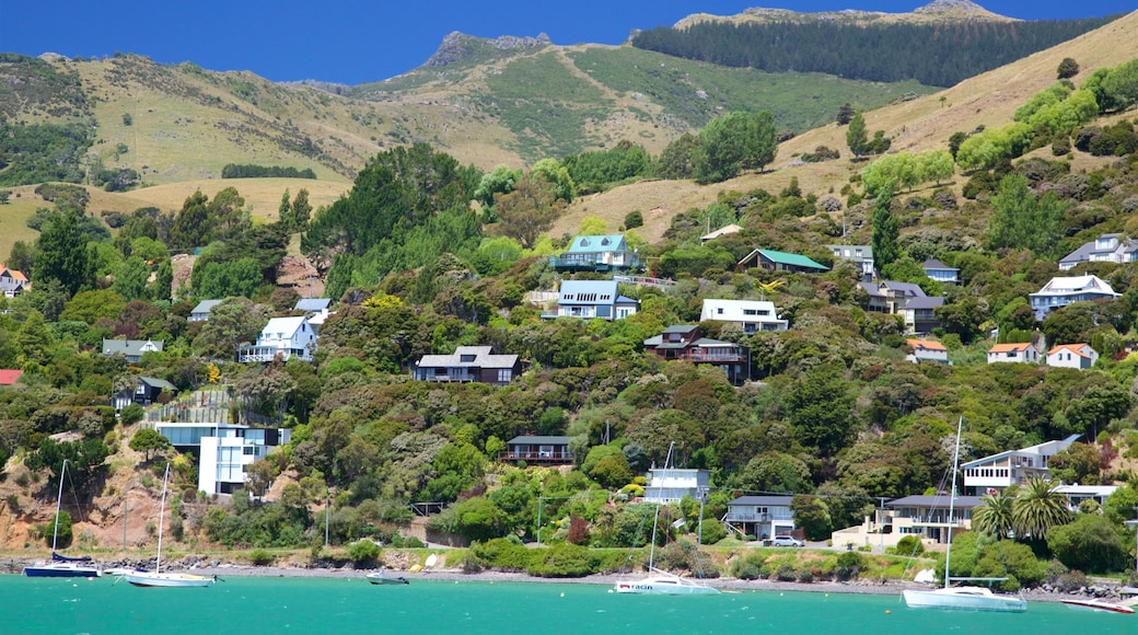 Akaroa das einen Küstenort und allgemeine Küstenansicht