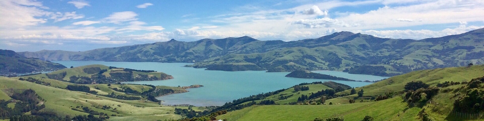 Una vista panorámica de un valle con un lago, colinas ondulantes y árboles dispersos.