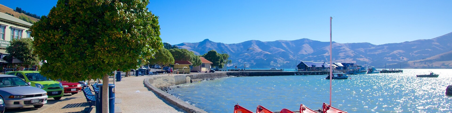 Un paseo marítimo con kayaks rojos amarrados, un sendero arbolado, coches estacionados y embarcaciones en el agua.