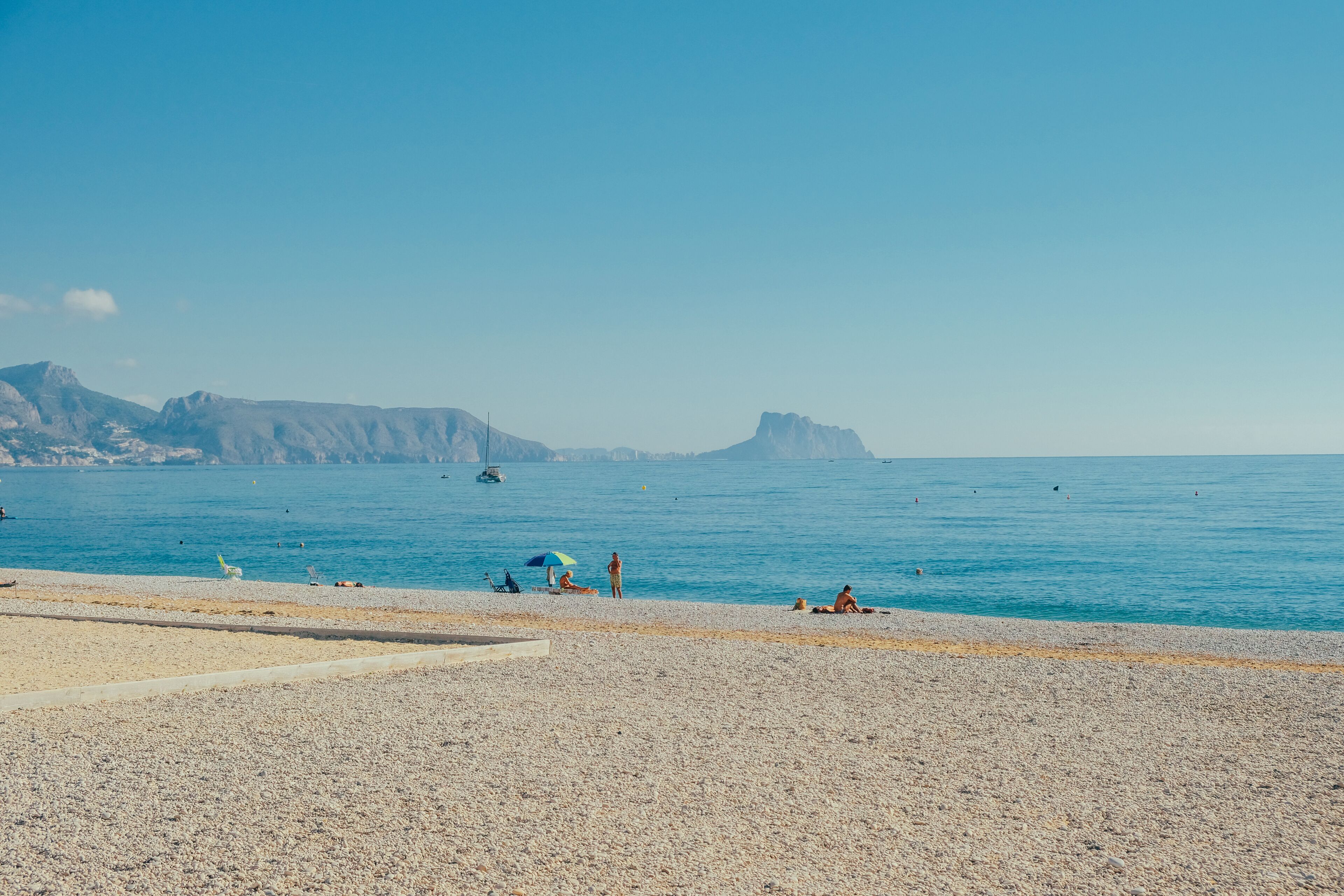 Albir seaside beach, Mediterranean sea and moutain view. Albir is small resort between Altea and Benidorm, L'Alfas del Pi municipality, Alicante province, Spain
