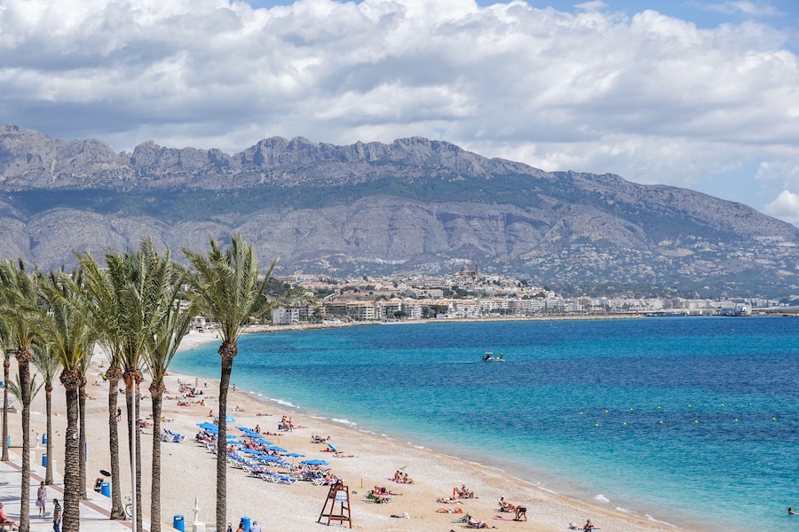 View to Albir seaside beach and Mediterranean Sea. Albir is stylish modern seaside resort of L'Alfas del Pi, Alicante province, Spain