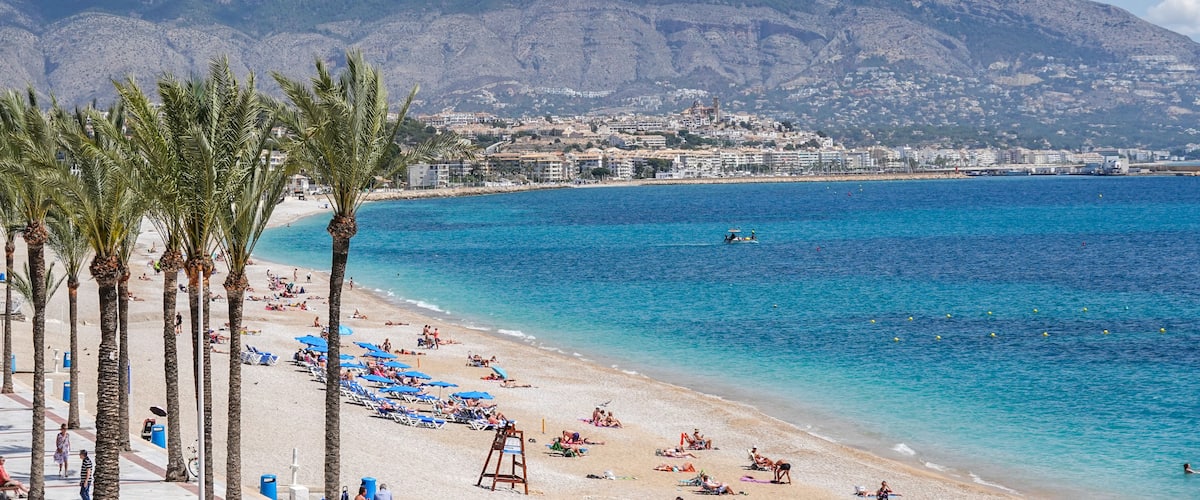 A beach with palm trees, a clear blue sea, and mountains in the background.