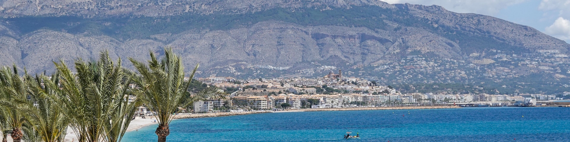 View to Albir seaside beach and Mediterranean Sea. Albir is stylish modern seaside resort of L'Alfas del Pi, Alicante province, Spain