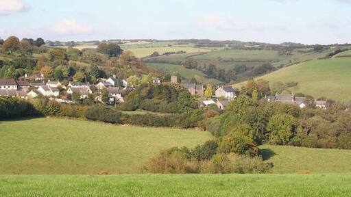 Brompton Regis: church and village. Seen from Storridge Lane, looking north-north-west