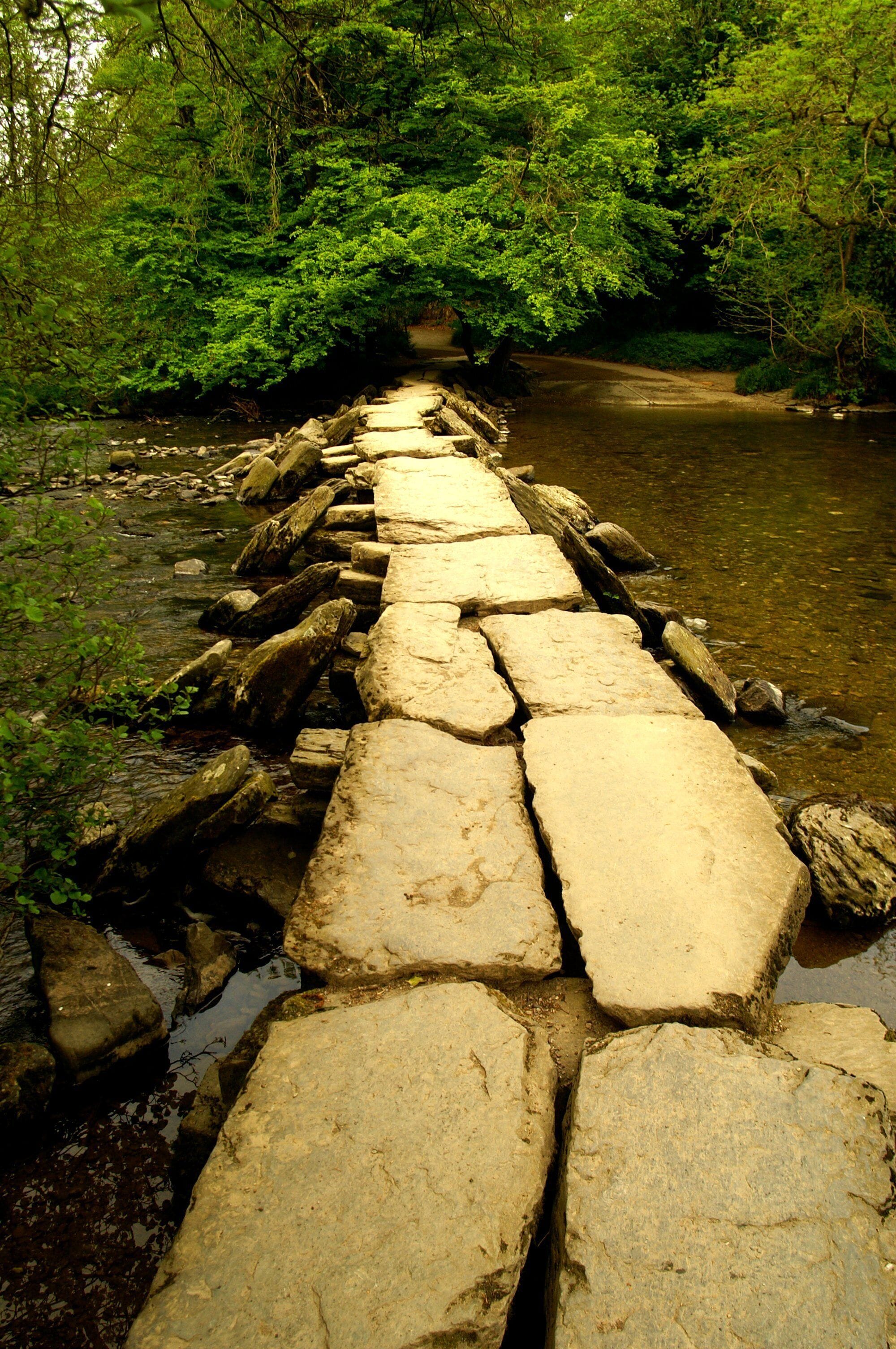 A stone bridge over a river surrounded by dense green foliage.