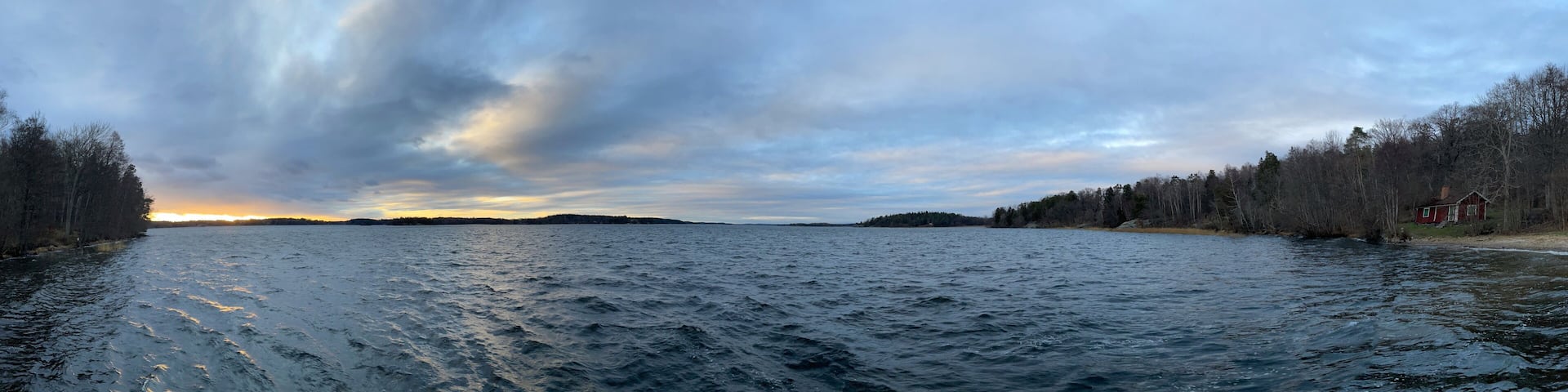 Panorama view photo. Seascape at the Swedish lake Mälaren in November. Stockholm, Sweden.