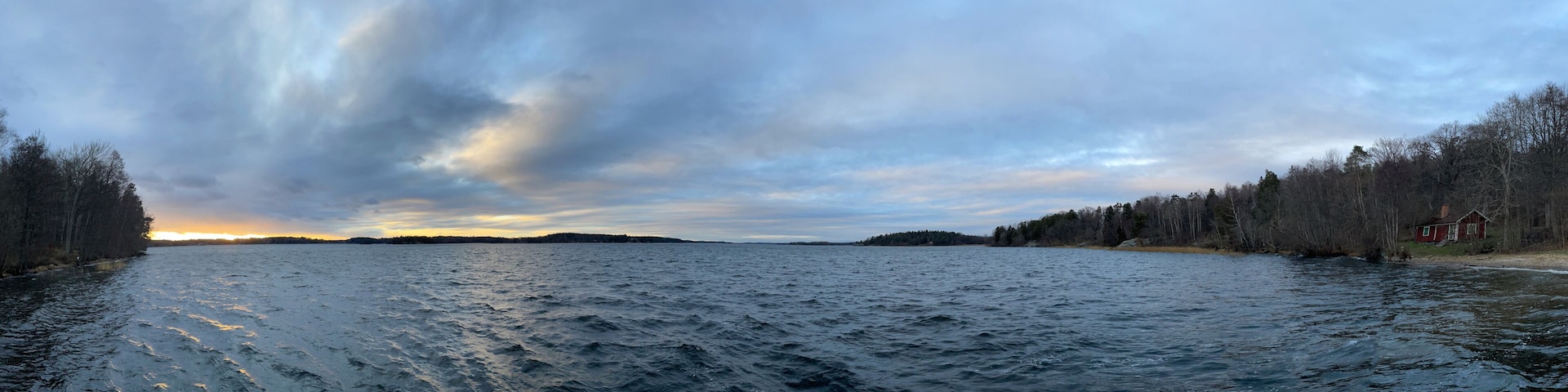 Panorama view photo. Seascape at the Swedish lake Mälaren in November. Stockholm, Sweden.