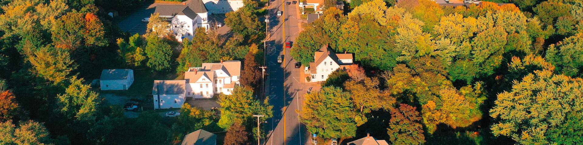 Autumn Aerial Drone Photography Of Downtown Derry, NH (New Hampshire) During The Fall Foliage Season