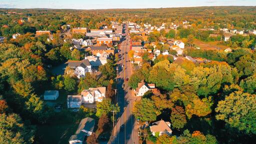 Autumn Aerial Drone Photography Of Downtown Derry, NH (New Hampshire) During The Fall Foliage Season