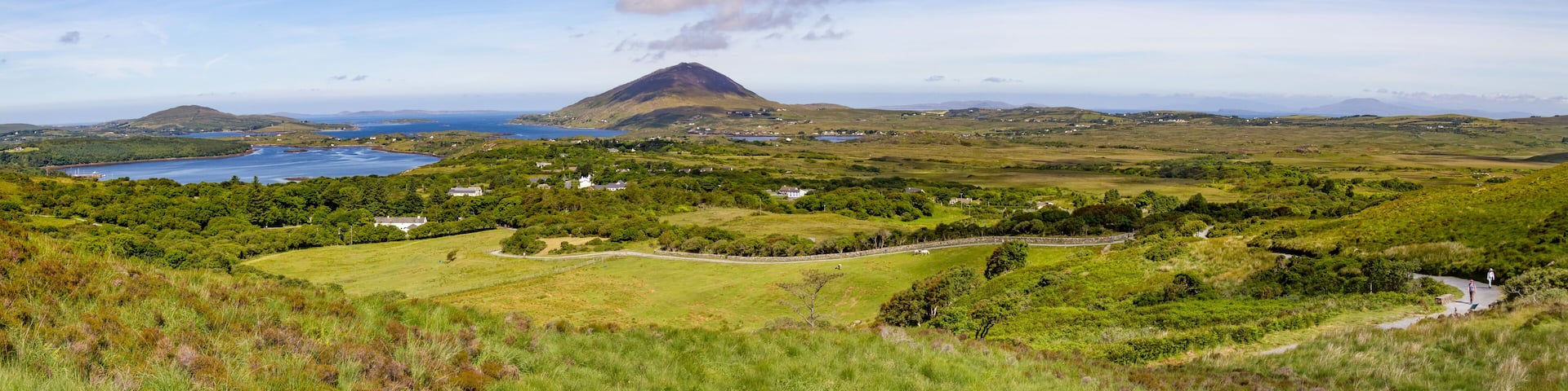 Trail in Connemara park with Ballynakill Bay with mountains in Letterfrack
