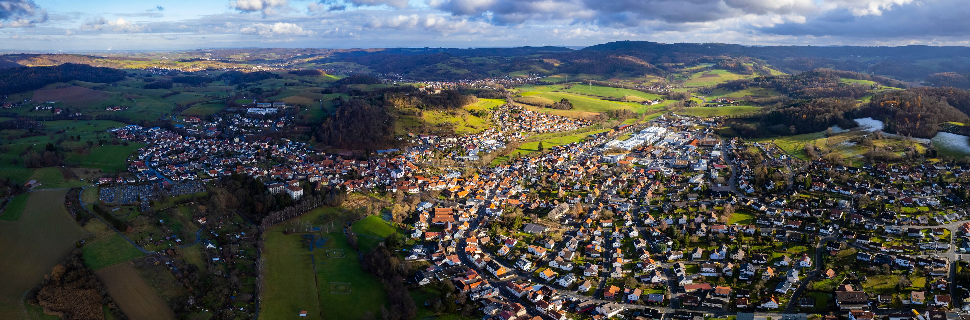 Aerial view of the city Niedernhausen, Fischbachtal in Germany. On an overcast day in Autumn.