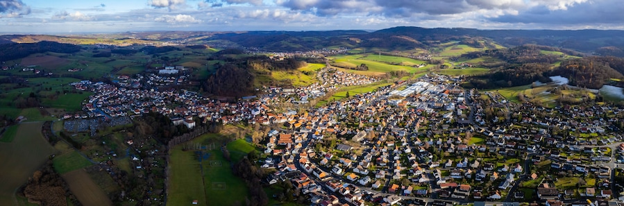Aerial view of the city Niedernhausen, Fischbachtal in Germany. On an overcast day in Autumn.
