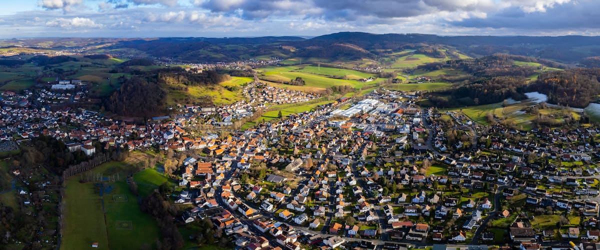 Aerial view of the city Niedernhausen, Fischbachtal in Germany. On an overcast day in Autumn.