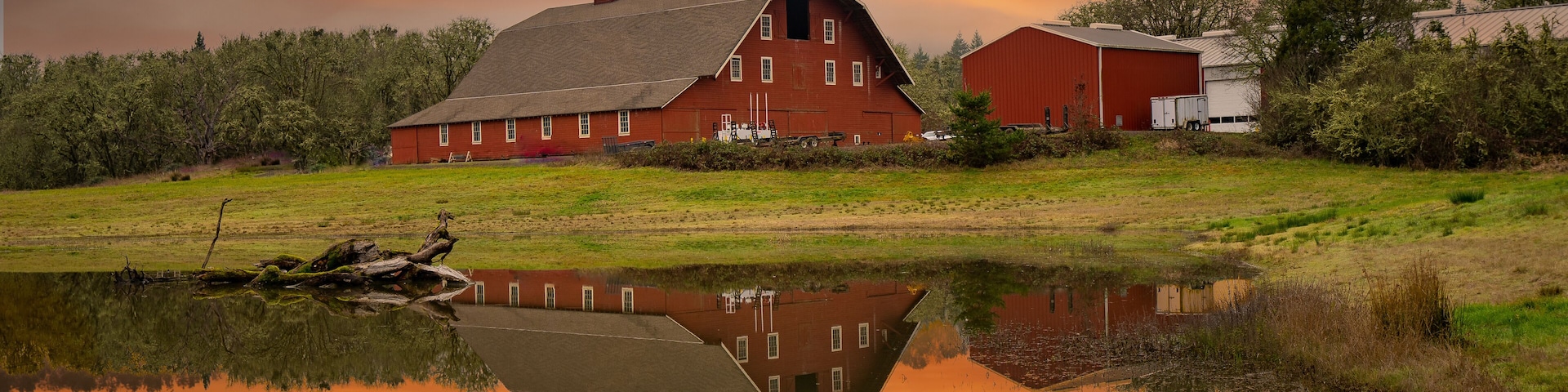 A red barn and a large reflection pond at sunrise on a farm in the Willamette Valley near Bellfountain Oregon